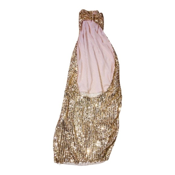 Zara gold sequin open back semi sheer halter blogger favorite mini dress size XL - Picture 9 of 13
